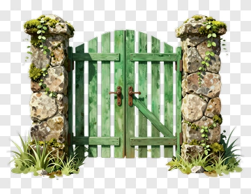 Green Wooden Gate With Stone Pillars PNG