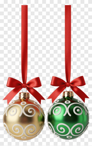 Gold And Green Christmas Ornaments With Red Ribbons PNG