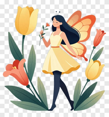Fairy Girl With Butterfly Wings Among Flowers PNG