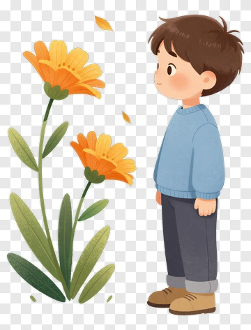 Boy Looking At Orange Flowers PNG