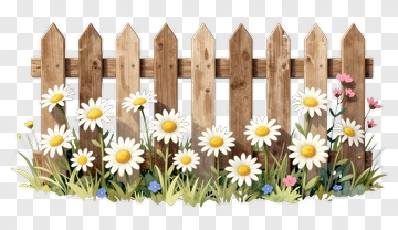 Wooden Fence With Daisy Flowers PNG