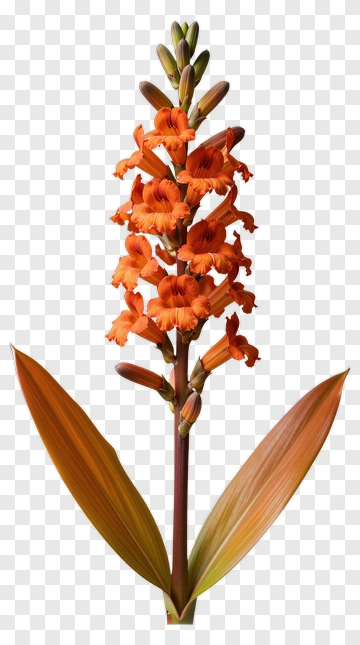 Tall Orange Flower With Buds And Leaves PNG