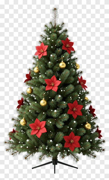 Christmas Tree With Red Flowers And Gold Ornaments PNG