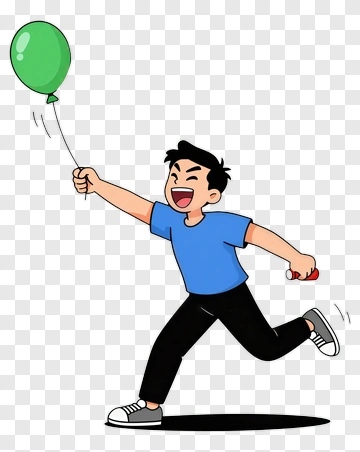 Boy Running With Green Balloon PNG