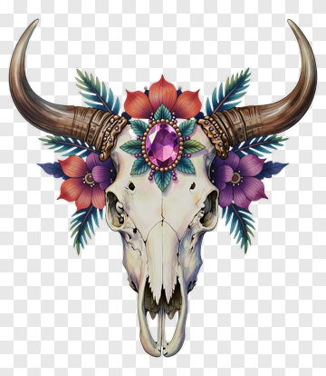 Decorative Bull Skull With Floral Design PNG