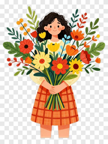 Girl Holding A Colorful Flower Bouquet PNG