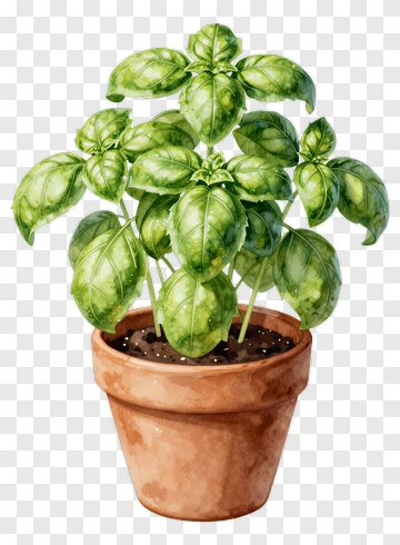 Fresh Basil Plant In Clay Pot PNG