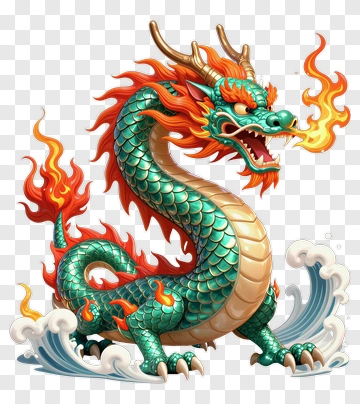 Green Dragon With Fire And Waves PNG
