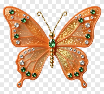 Orange Butterfly Brooch With Emerald Gems PNG