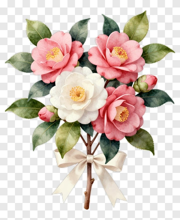 Camellia Flower Bouquet With Ribbon PNG
