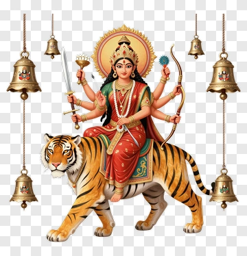 Durga Riding Tiger With Weapons And Bells PNG