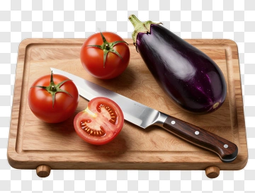 Fresh Tomato And Eggplant On Cutting Board PNG
