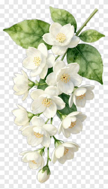 Jasmine Flower Branch With Green Leaves PNG