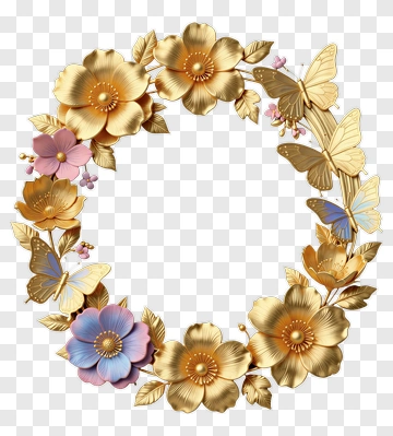 Golden Flower Wreath With Butterflies PNG