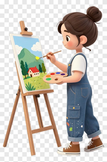 Girl Painting A Scenic Landscape PNG