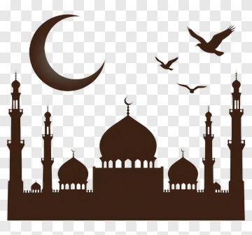 Silhouette Of Mosque With Moon And Birds PNG