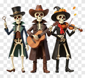 Three Skeleton Musicians In Halloween Costumes PNG