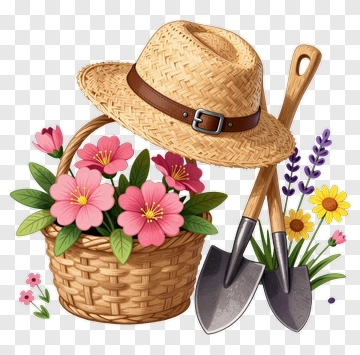 Gardening Hat With Flowers And Tools PNG