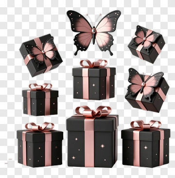 Black Gift Boxes With Pink Butterflies PNG