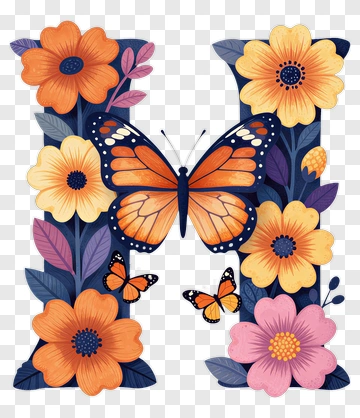 Butterfly And Flowers On Letter M PNG