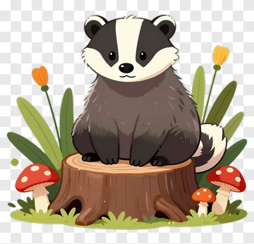 Cute Badger Sitting On Stump With Mushrooms And Tulips PNG