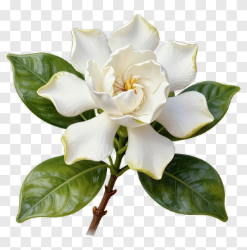 White Gardenia Blossom With Green Leaves PNG