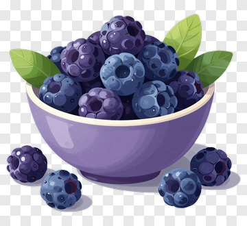 Purple Bowl Of Blueberries With Leaves PNG