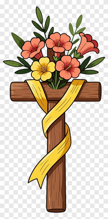 Cross With Flower Bouquet And Yellow Ribbon PNG