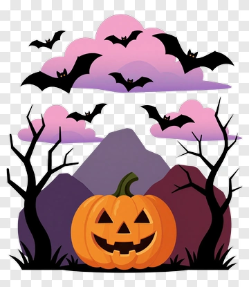 Jack-o'-lantern With Bats And Trees PNG