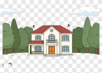 Cartoon House With Red Roof And Green Trees PNG
