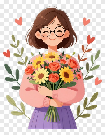 Girl Holding Bouquet Of Flowers PNG