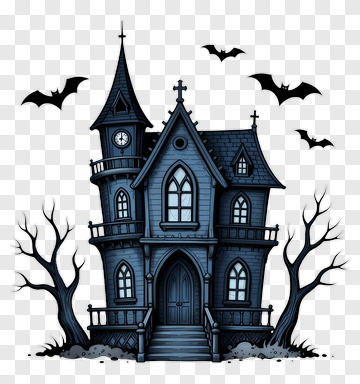 Haunted House With Bats And Bare Trees PNG