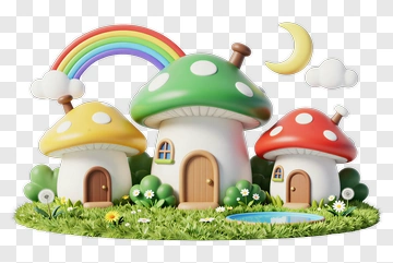 Mushroom Houses Under Rainbow PNG
