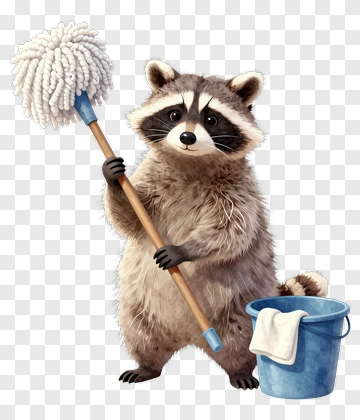 Raccoon Holding Mop And Bucket PNG