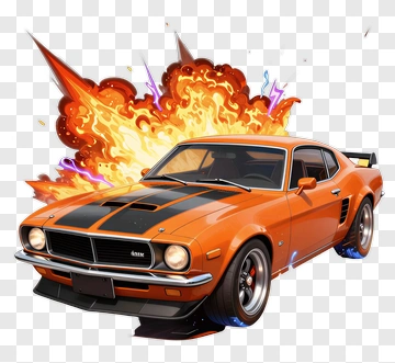 Orange Muscle Car With Fire Explosion PNG