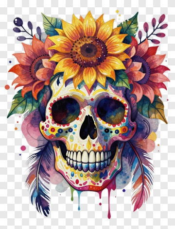 Colorful Sugar Skull With Flower Crown PNG