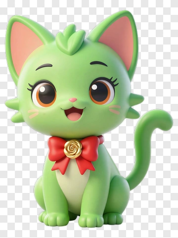 Green Cartoon Cat With Red Bow PNG