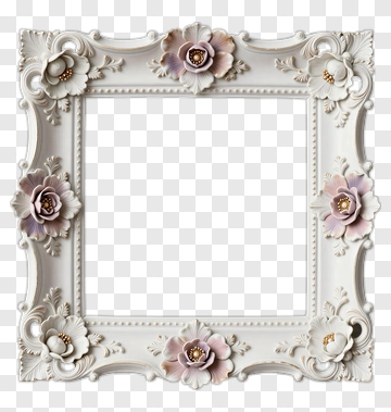 Ornate White Picture Frame With Floral Decor PNG