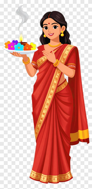 Woman In Sari Holding Diwali Offering PNG