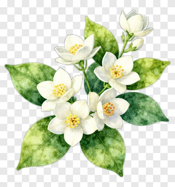 Jasmine Flower With Green Leaves PNG