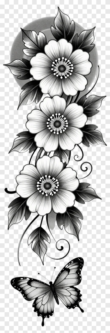 Black And White Floral And Butterfly Design PNG