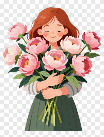 Girl Holding Pink Peonies PNG