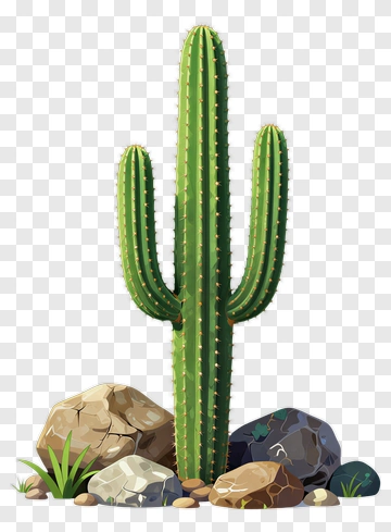 Green Cactus With Rocks And Grass PNG