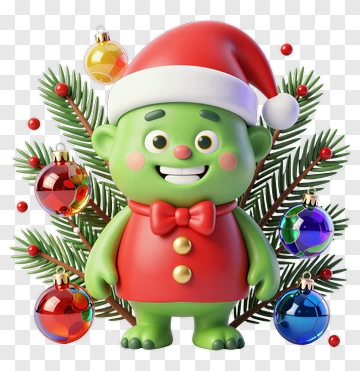 Green Christmas Character With Santa Hat PNG
