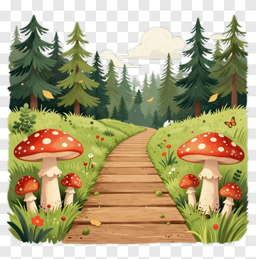 Red Mushrooms Along Forest Path PNG