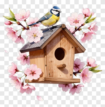 Blue Bird On Wooden Birdhouse With Cherry Blossoms PNG