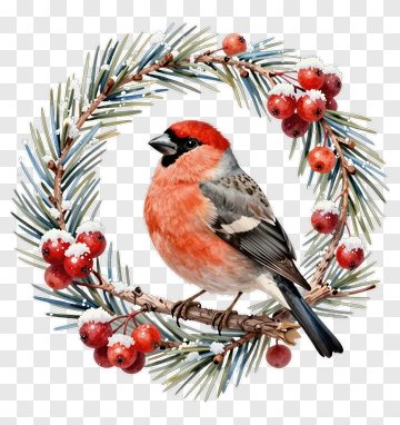 Red Bird On Wreath With Berries PNG