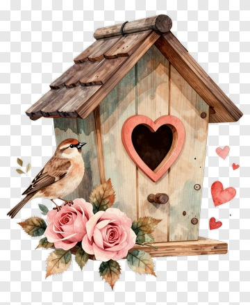 Birdhouse With Bird And Roses PNG