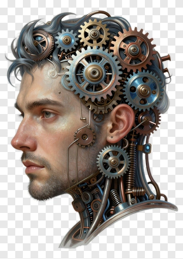 Man With Mechanical Head And Gears PNG