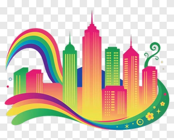Rainbow City Skyline With Flowing Ribbon PNG